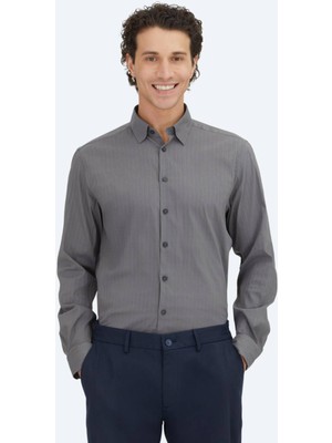 Kip Antrasit Çizgili Regular Fit Dokuma Spor Pamuk Karışımlı Gömlek