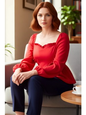 FRM Kadın Genç Dokuma Bluz Kalp Yaka Balon Kol Kaliteli Şık Rahat Modern Zarif Günlük