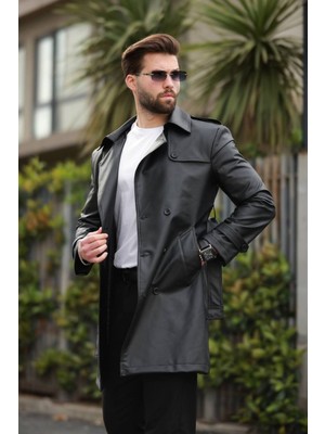 Baselco Erkek Premium Apoletli Deri Trençkot & Pardesü