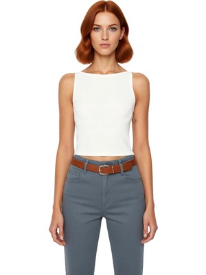 Ersefa Kadın Fitted Viskon Ribana Bluz Kayık Yaka Ince Askılı Crop Kesim Günlük Şık ve Konforlu