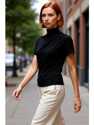 PayBuy Fitted Dik Yaka Kısa Kollu Esnek Örme Bluz Yazlık Günlük Seçkin Malzeme Uzun Ömürlü