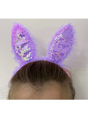 Mena Rise Kenarları Dantelli Mor Pullu Payetli LED Işıklı Tavşan Kulak Taç 23X19 cm - Lisinya