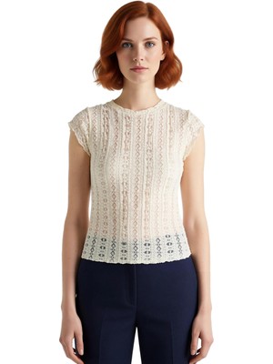 Ersefa Kadın Bisiklet Yaka Kısa Kol Örme Dantel Detaylı Vücuda Oturan Üst Kaliteli Şık Rahat Modern