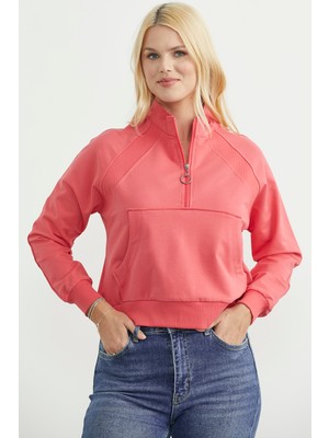 Sementa Dik Yaka Kanguru Cepli Crop Sweatshirt - Gül