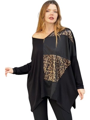 Zer Otantik Leopar Detaylı Salaş Bluz Siyah
