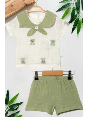 Dinamik çocuk Avcı Yaka Ayıcık Raporlu Müslin 2li Takım Unisex Kız Erkek Bebek Yazlık Alt Üst Aylık