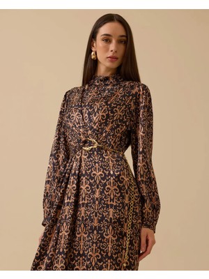 Seçil 10002521311021 Karından Zincir ve Büzgü Detaylı Jakar Desenli Şık Elbise