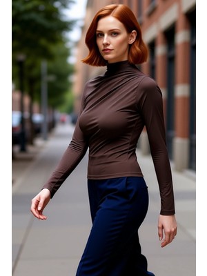 PayBuy Kadın Büzgülü Dik Yaka Crop Kesim Uzun Kollu Smart Basic Örme Bluz Kışlık Kullanım Için