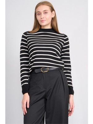 Çetinkaya Fithit 2319 Kadın Bisiklet Yaka Akrilik Çizgili Triko Kazak Siyah-Ekru
