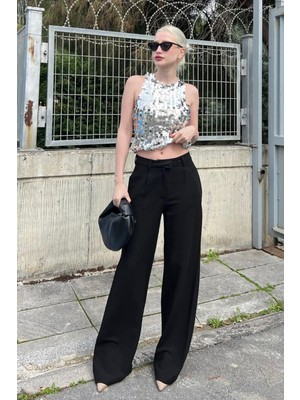 Madmext Siyah Kemerli Bol Paça Pantolon MG1992