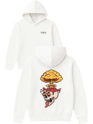Vsrn Kurukafa Ateslı Tasarım Baskılı Oversize Beyaz Kapüşonlu Sweatshirt