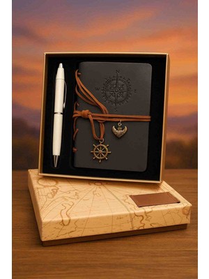 Wolawood Vintage Deri Kapaklı Pusula Tasarımlı Kraft Eskitme Sayfa Spiralli Çizgisiz Defter & Touchpen Tükenmez Kalem Özel Kutulu Hediyelik Set