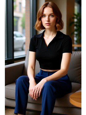 FRM Moda Polo Yaka Örme Slim Slogan Desen Casual Günlük Crop Kısa Kol Bluz