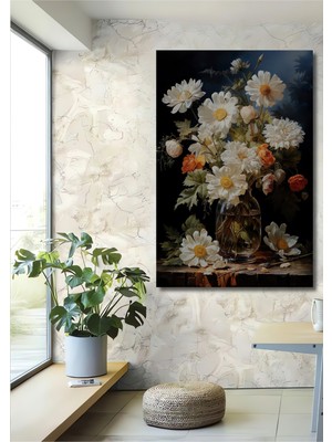 Teona Ahşap Dekoratif Ahşap Dikdörtgen Tablo Papatyalar ve Turuncu Çiçekler