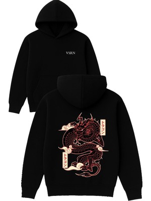 Vsrn Japon Ejderhası Kırmızı Tasarım Baskılı Oversize Siyah Kapüşonlu Sweatshirt