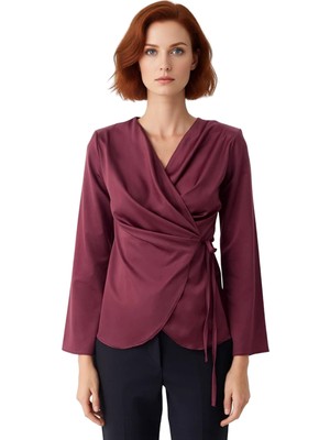 Ersefa Kadınlar Için Şık Kruvaze Kesimli Uzun Kollu Saten Dokulu Bluz Kaliteli Şık Rahat Modern Zarif