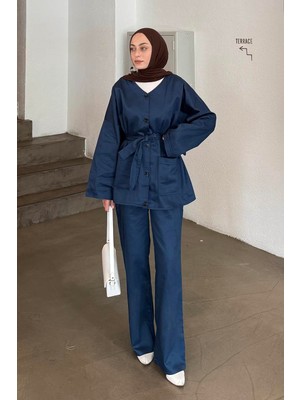 Lamelif Kuşaklı Gabardin Takım Lacivert
