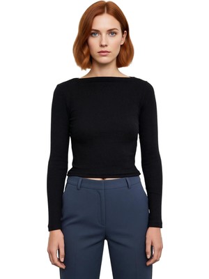 Ersefa Stil Kadın Fitted Vücuda Oturan Fitilli Esnek Bluz Regular Örme Slim Kalıp Düşük Kol
