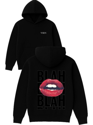 Vsrn Blah Blah Tasarım Baskılı Oversize Siyah Kapüşonlu Sweatshirt