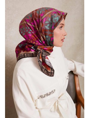 Lêvi D'or Siyah - Fuşya Vectör Desen Twill İpek Eşarp