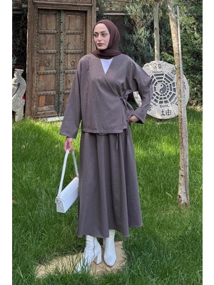 Lamelif Bağlama Detaylı Etekli Takım Vizonrengi