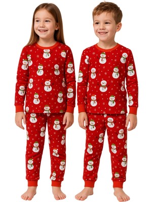 Zuzunga Unisex Yılbaşı Kardan Adam Desenli Çocuk Pijama Takımı