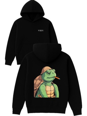 Vsrn Asker Kaplumbaga Tasarım Baskılı Oversize Siyah Kapüşonlu Sweatshirt