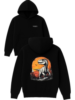 Vsrn Dinazor ve Doğa Tasarım Baskılı Oversize Siyah Kapüşonlu Sweatshirt
