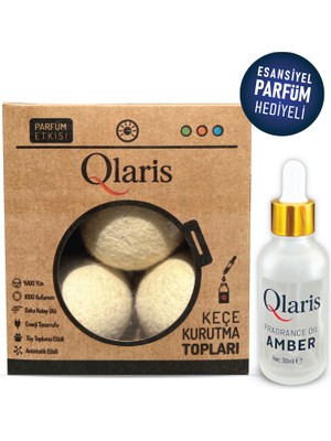 QLARIS Qlarıs Keçe Çamaşır Kurutma Topu Vegan Amber Esansiyel Parfüm Hediyeli