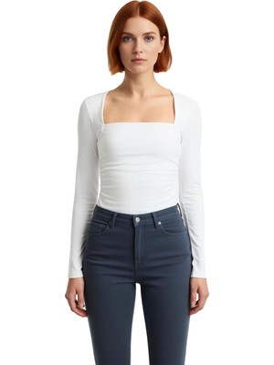 Ersefa Stil Kadın Büzgü Drape Detaylı Vücuda Oturan Bluz Regular Örme Slim Kalıp