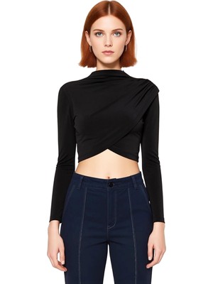 Ersefa Moda Dik Yaka Örme Slim Düz Desen Şık Gece Crop Uzun Kol Bluz