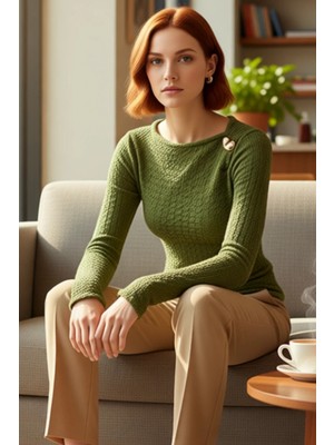 FRM Kadın Uzun Kollu Fitted Dokulu Örme Üst Asimetrik Yaka Detaylı Kaliteli Şık Rahat Modern Zarif