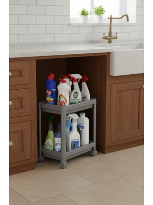 Deyhome Maja 1 Adet Tekerlekli 2 Katlı Düzenleyici Raf – Mutfak ve Banyo Düzenleyici,evye Altı Deterjanlık