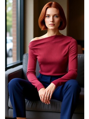 FRM Kadın Moda Şık Üst Giyim Uzun Kayık Yaka Slim Kalıp Örme Drapeli Asimetrik Esnek Bluz