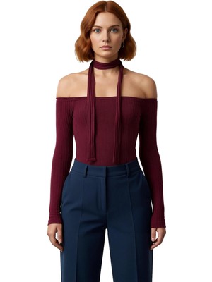Ersefa Stil Kadın Fitilli Şal Detaylı Fitted Vücuda Oturan Esnek Bluz Crop Örme Slim Kalıp