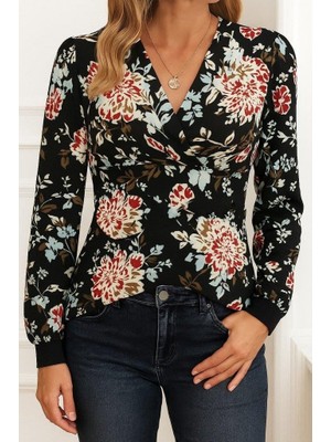 Mareandpanda Kadın Uzun Kollu Kruvaze Yakalı Kelebek Desenli Şardonlu Dalgıç Bluz