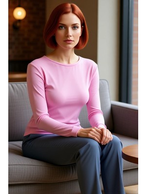 FRM Kadın Regular Bisiklet Yaka Slim Kalıp Örme Viskon Yumuşak Kumaşlı Parmak Geçme Detaylı Esnek Bluz