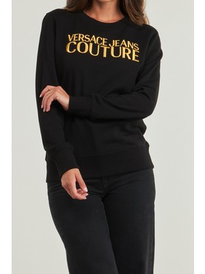 Versace Kadın Regular Fit Altın Rengi Nakışlı Yazı Logolu Bisiklet Yaka Sweatshirt - Siyah