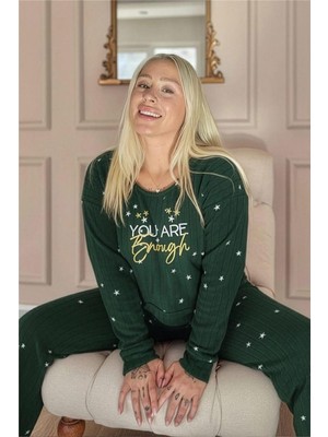 Yeşil Enough Desenli Kanguru Cepli Peluş Polar Pijama Takımı
