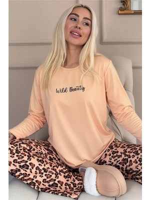Karamel Wild Beauty Desenli Uzun Kollu Bambu Örme Kadın Pijama Takımı
