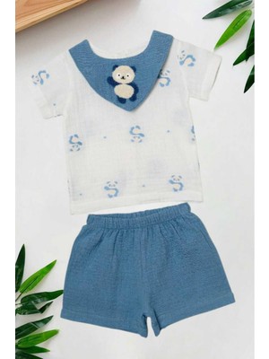 Dinamik çocuk Panda Yaka Nakışlı Raporlu Müslin 2li Takım Unisex Kız Erkek Bebek Yazlık Alt Üst Aylık