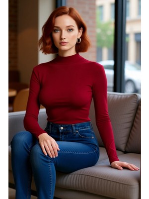 FRM Kadın Moda Şık Regular Dik Yaka Slim Kalıp Örme Fitted Vücuda Oturan Kol Fitilli Esnek Bluz