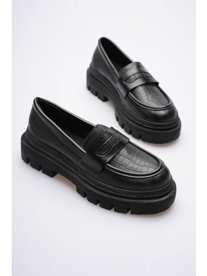 Mubiano Kadın Deri Loafer Oxford Krokodil Desenli Kalın Comfort Tabanlı Siyah Carmin