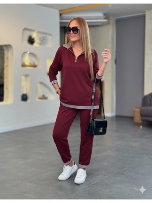 Arben Boutique Kadın Uzun Kollu Fermuarlı Şerit Detay Desenli Alt Üst Ikili Viskon Iki Iplik Takım