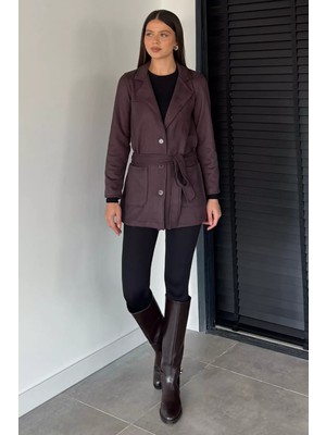 Gülseli Kadın Kruvaze Yaka Ön Düğmeli Bel Kuşaklı Ceket P-00018890