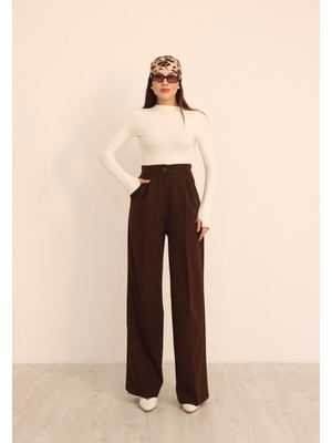 Hazel Kadın Palazzo Pantolon Kahverengi Arkası Lastikli Modern Tasarım