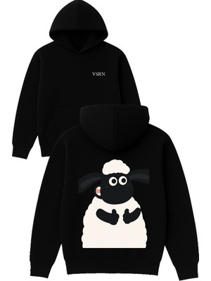 Vsrn Koyun Tasarım Baskılı Oversize Siyah Kapüşonlu Sweatshirt