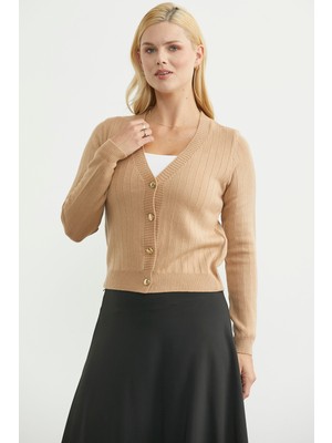 Sementa Cep Detaylı Düğmeli Triko Hırka - Kamel