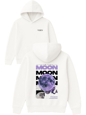 Vsrn Moon Moon Tasarım Baskılı Oversize Beyaz Kapüşonlu Sweatshirt
