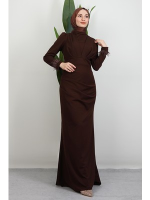 Giza Store Kolu Tüylü Pile Detay Elbise Kahve